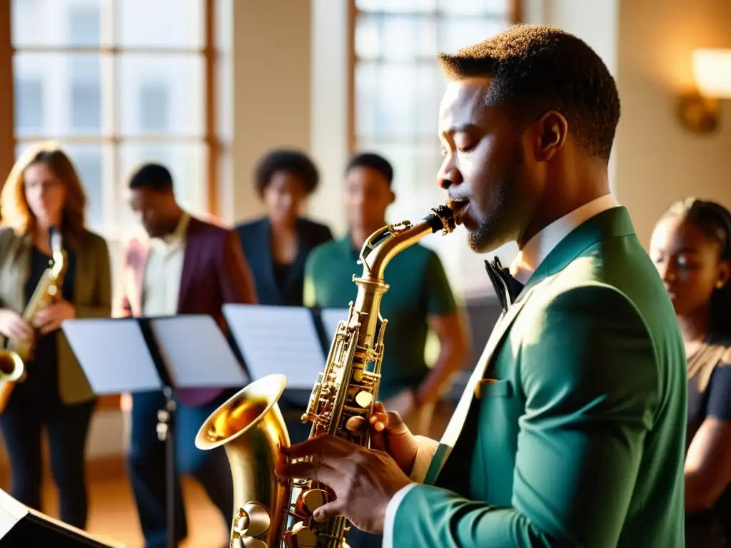 Un instructor de jazz apasionado enseña técnicas complejas de saxofón a estudiantes comprometidos en un aula iluminada por la cálida luz de la tarde