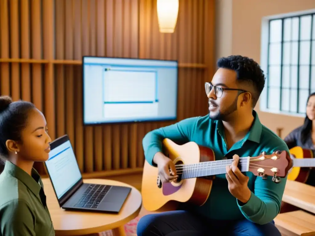 Un instructor de música folclórica enseña a estudiantes a tocar instrumentos tradicionales en una clase online