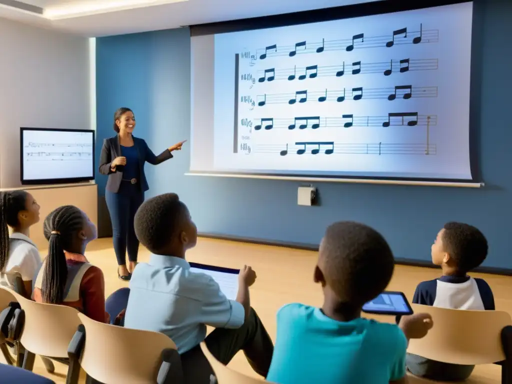 Un instructor de música utiliza proyector multimedia para enseñar a estudiantes a tocar instrumentos musicales