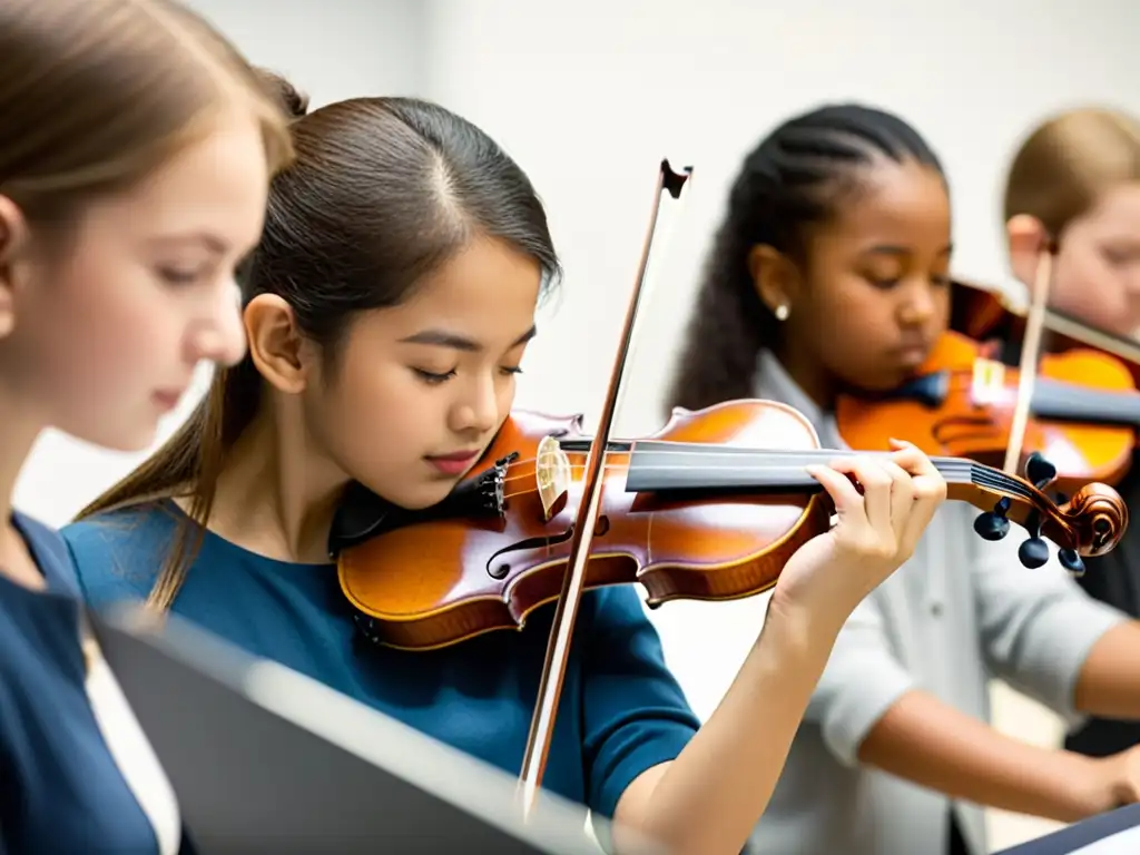 Un instructor de violín muestra la técnica de arco a estudiantes en un estudio luminoso