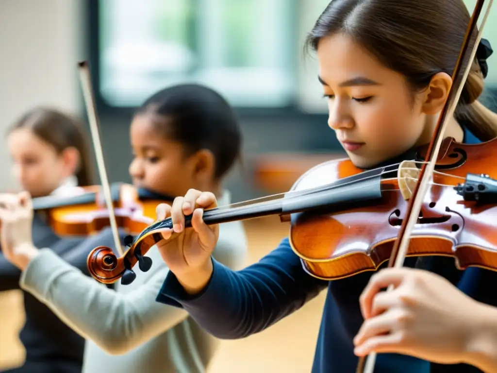 Un instructor de violín experto enseña la técnica de arco a jóvenes estudiantes en un aula espaciosa y bien iluminada