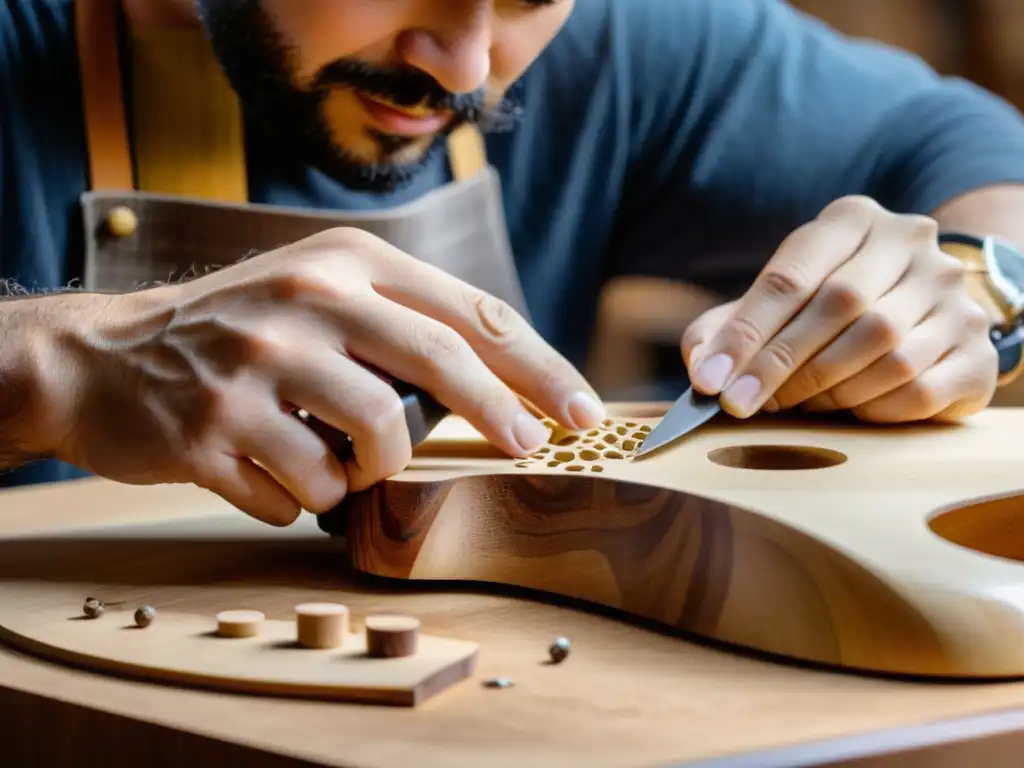 Un luthier crea un instrumento de cuerda sostenible, destacando la artesanía y materiales ecológicos