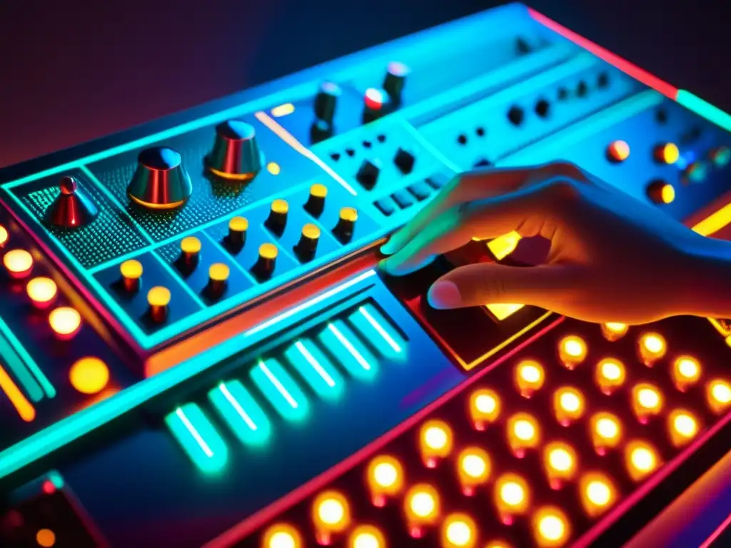 Un instrumento musical experimental del siglo XX, con luces LED brillantes y un músico creativo explorando sus sonidos y texturas únicas