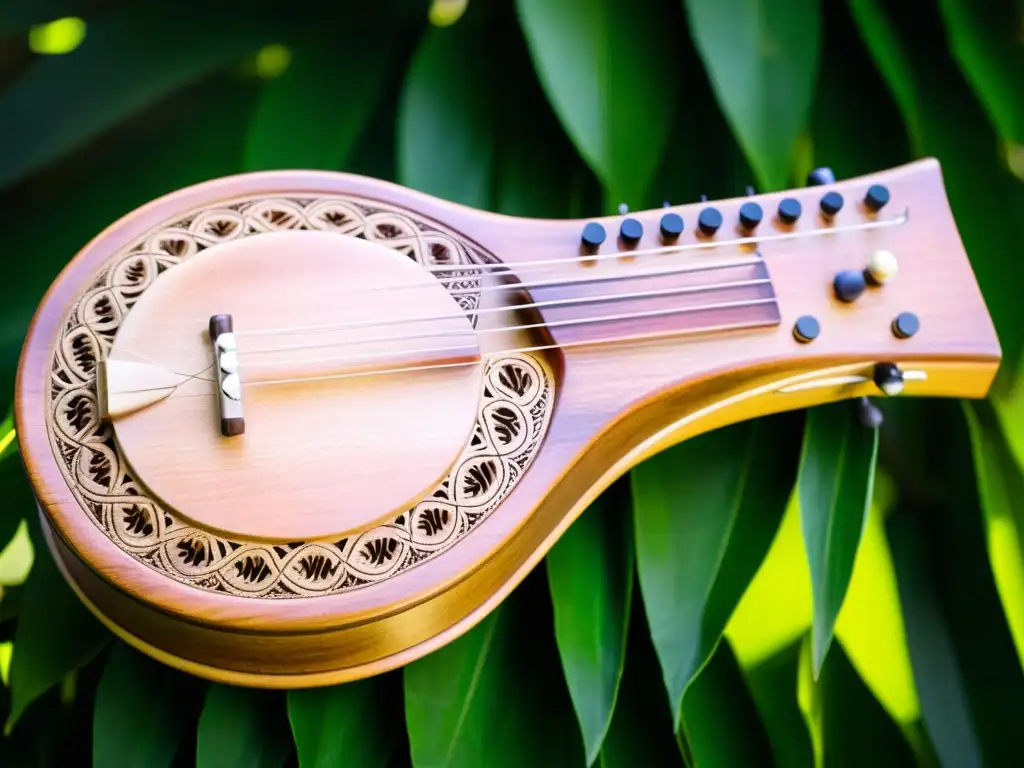 Un instrumento musical Pelimbu panameño artesanal, detallado y desgastado, en medio de exuberante vegetación con luz solar filtrada
