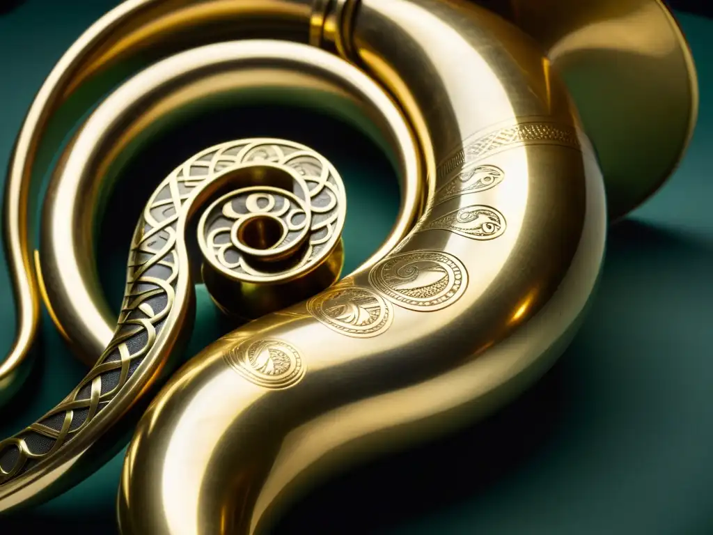 Un instrumento de serpiente histórico con intrincados grabados y latón envejecido, mostrando la evolución a la tuba moderna