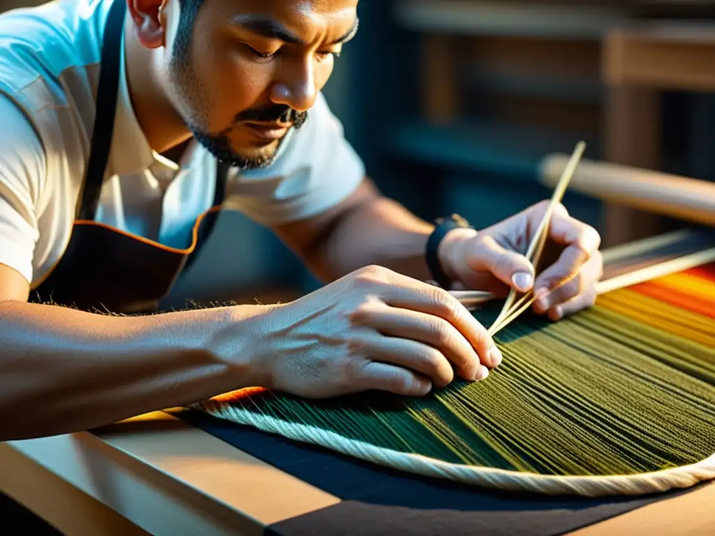 Artesano experto tejiendo cuerdas de instrumento Innovación en fabricación de instrumentos de cuerda: Artesano tejiendo fibras para crear cuerdas de instrumentos, fusionando tradición con modernidad