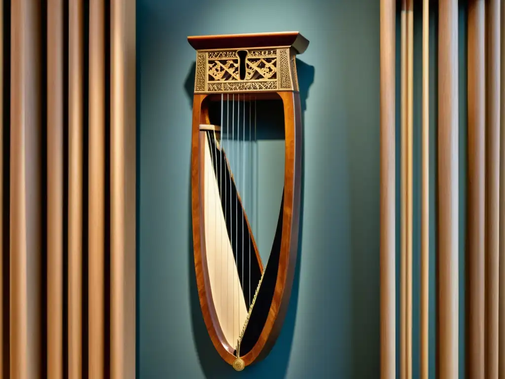 Instrumentos musicales antiguos, como la lira, la flauta y el tambor, exhibidos en un museo bien iluminado