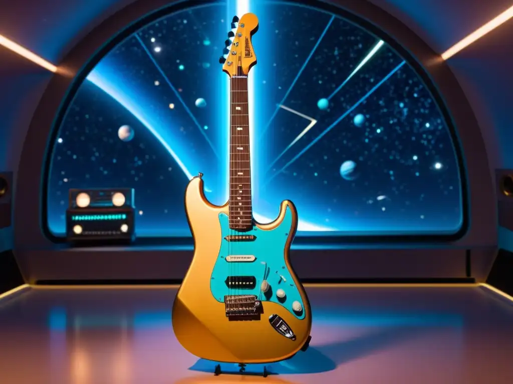 Innovación de instrumentos musicales en la era espacial: Guitarra eléctrica futurista con hologramas y estudio de grabación en gravedad cero