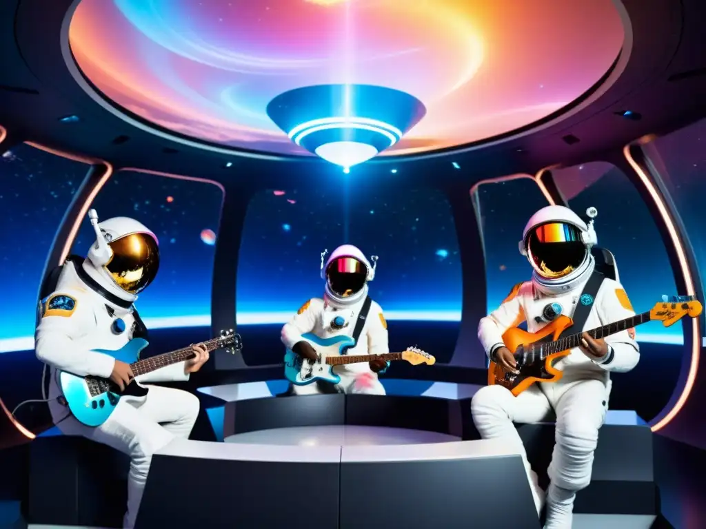 Innovación de instrumentos musicales en la era espacial: músicos flotando en una nave espacial, tocando instrumentos futuristas en gravedad cero mientras el cosmos brilla de fondo