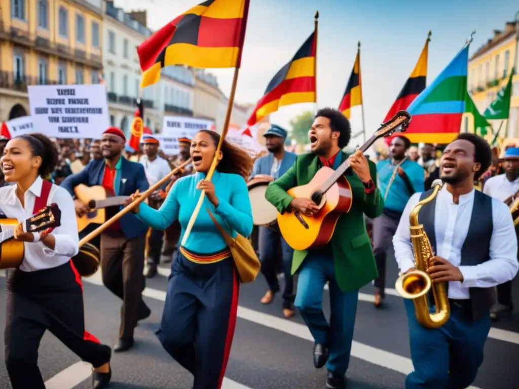 Instrumentos musicales como expresión política: músicos intensos y determinados en una marcha con pancartas y banderas