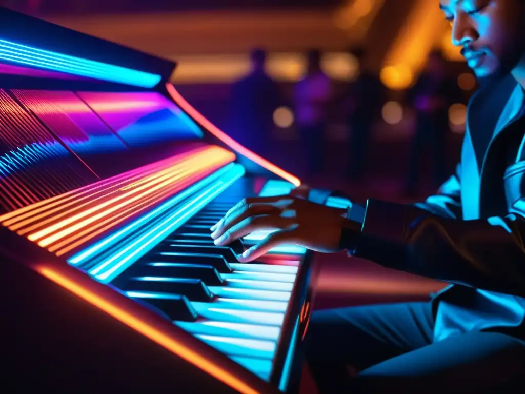 Instrumentos musicales híbridos innovadores: Músico tocando un instrumento futurista en un escenario con luces LED coloridas