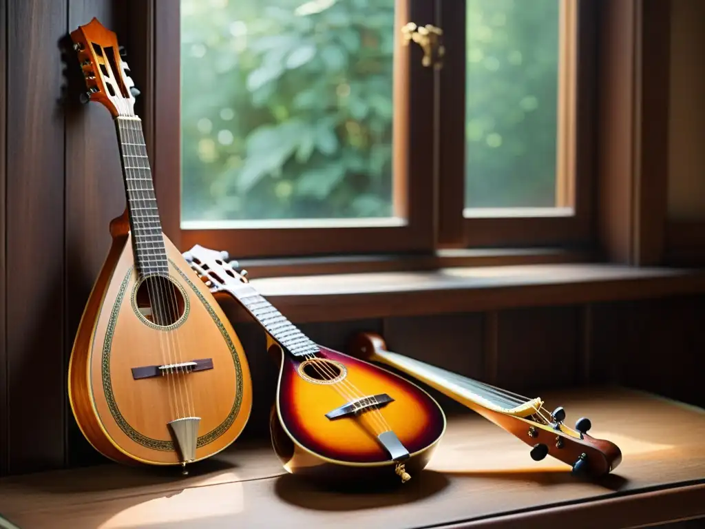 Dos instrumentos musicales, una balalaika rusa y una mandolina italiana, exhibidos juntos en una mesa de madera