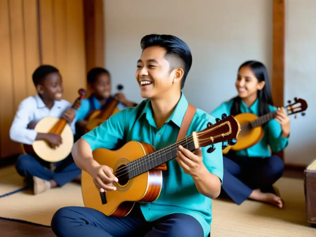 Aprender instrumentos musicales tradicionales online: Instructor guía a estudiantes en lección de música tradicional en línea