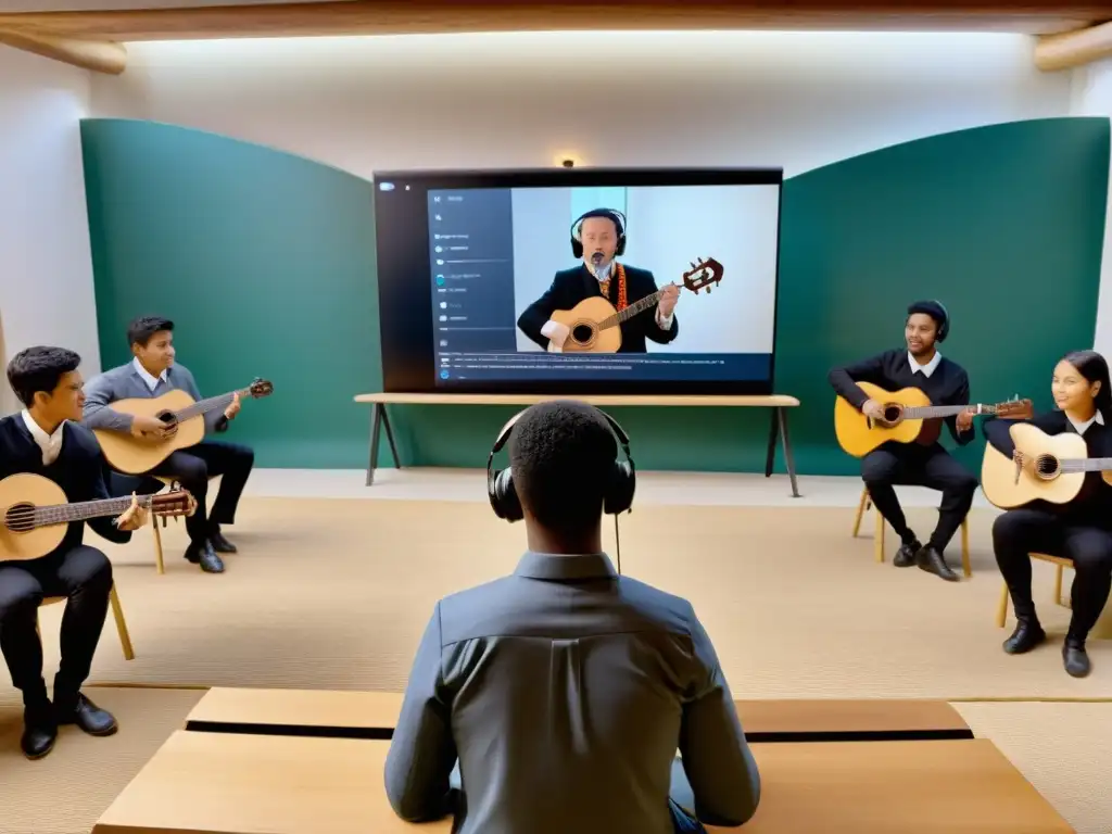 Aprender instrumentos musicales tradicionales online: Instructor dirigendo una clase virtual de música folclórica con estudiantes comprometidos