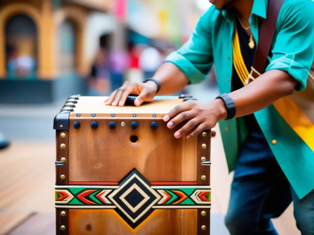 Grabación de Instrumentos Urbanos Tradicionales: Un cajón tradicional se toca en una bulliciosa esquina urbana