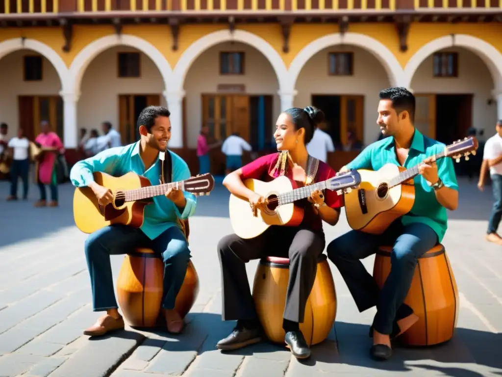 Grabación de Instrumentos Urbanos Tradicionales: Músicos callejeros interpretando cajón, charango y quena en una plaza llena de vida