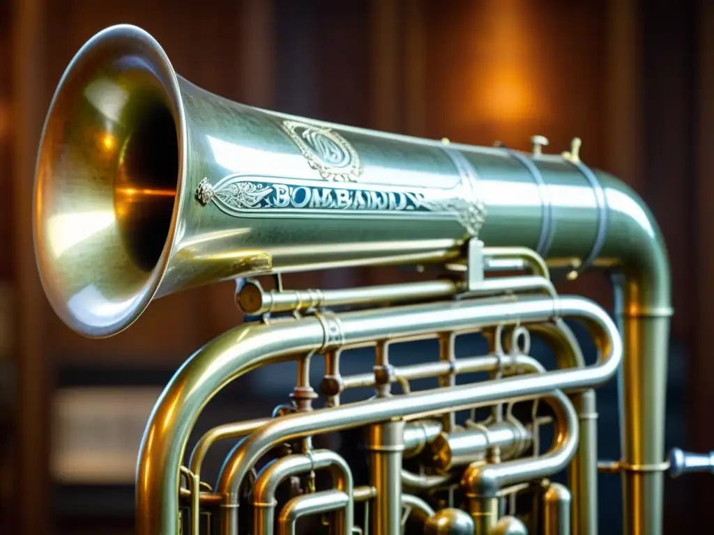 Dos instrumentos de viento, un tuba y un bombardino vintage, muestran detalles grabados en el latón, válvulas desgastadas y una pátina cálida