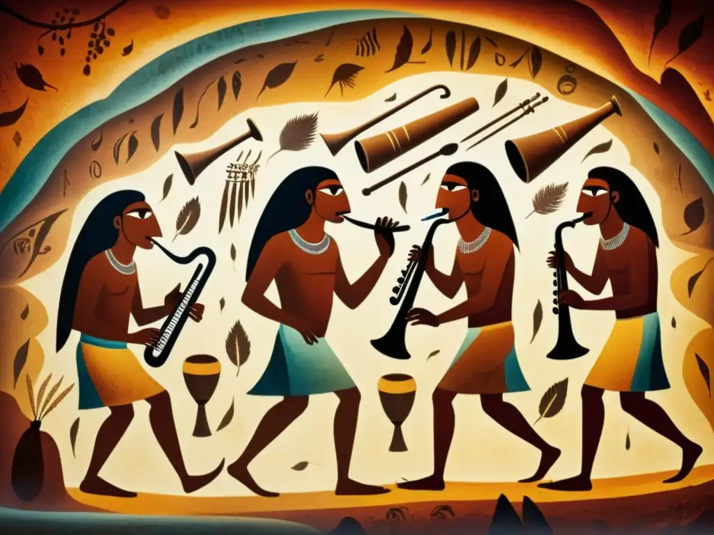 Evolución de instrumentos de viento prehistoria: Pintura rupestre detallada de músicos primitivos tocando flautas óseas en una cueva