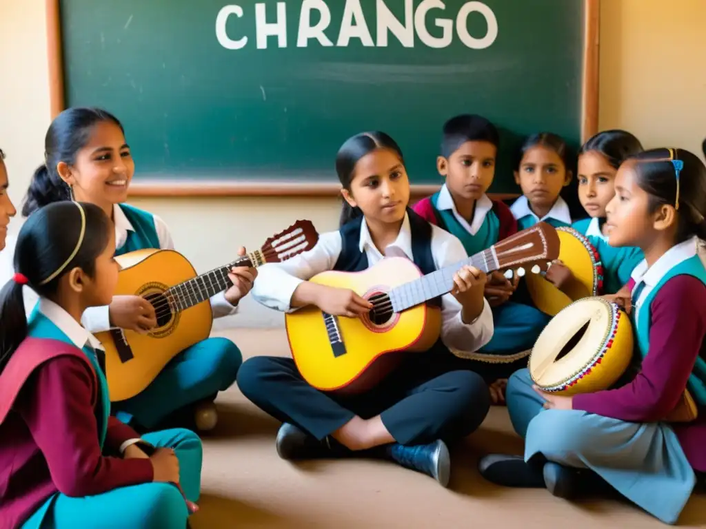 Integración del charango en educación: Estudiantes atentos aprenden a tocar el charango en un aula vibrante y educativa