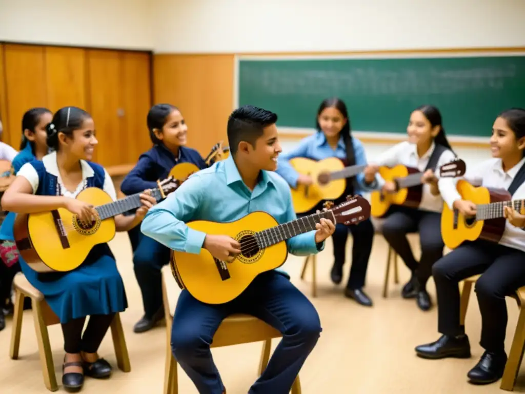 Integración del charango en educación: Estudiantes participan en una lección de música con un vibrante ambiente educativo