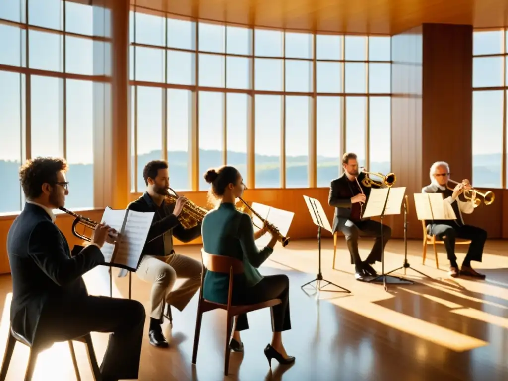 Integración de técnicas de viento en música de cámara: músicos concentrados interpretando con pasión en una sala iluminada por el sol