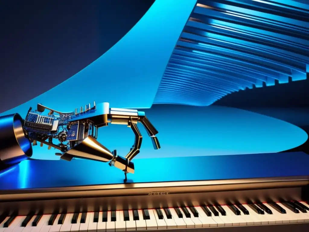 Una inteligencia artificial componiendo música del mañana en un piano de concierto, con una escena futurista y cautivadora en tonos azules