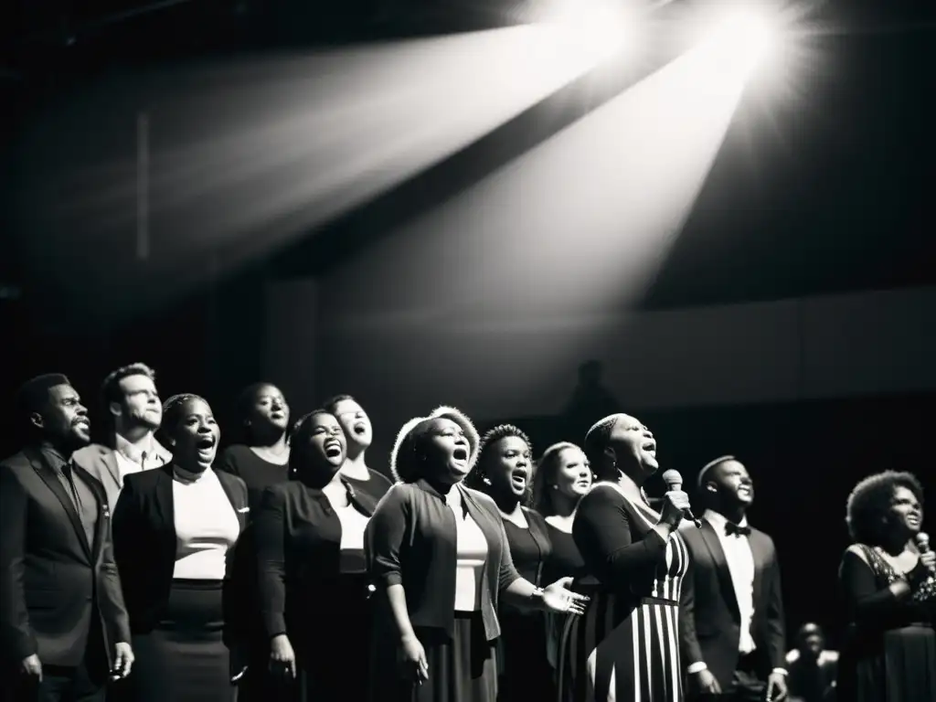 Intensa actuación de coro gospel en escenario tenue, rostros iluminados por micrófono