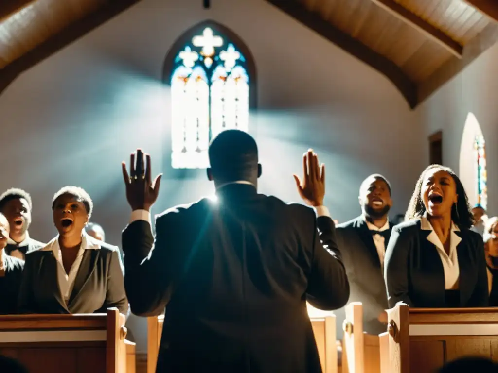 Intensa actuación de un coro gospel en una iglesia histórica, con miembros levantando las manos y cantando apasionadamente