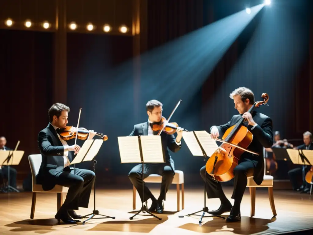 Intensa actuación de cuarteto de cuerdas en un majestuoso teatro, destacando la importancia técnica de los instrumentos en la música de cámara