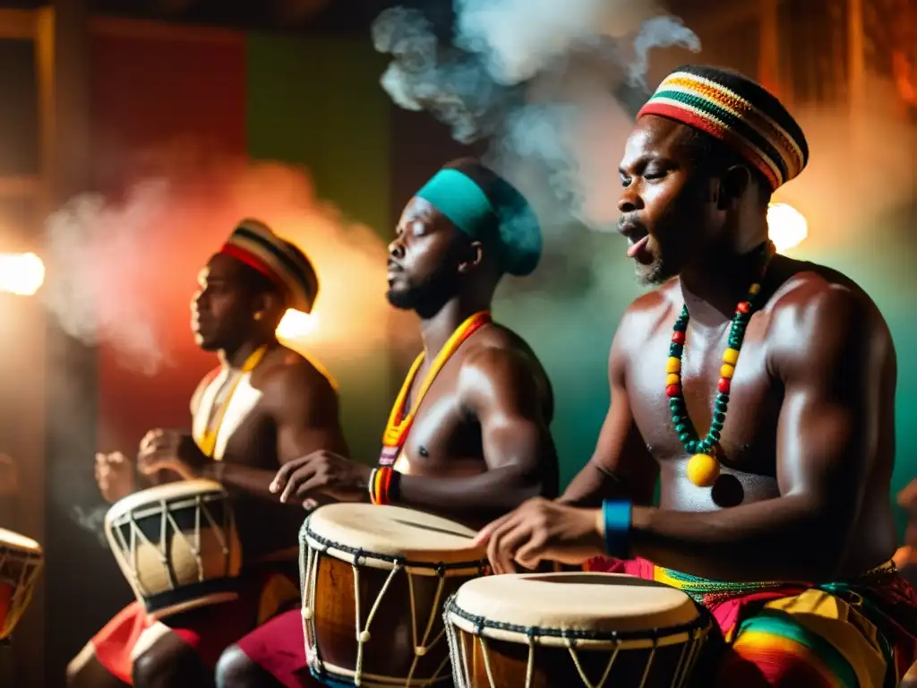 Intensa actuación de músicos afroantillanos con el hueso en la música afroantillana en una sala llena de humo y arte vibrante