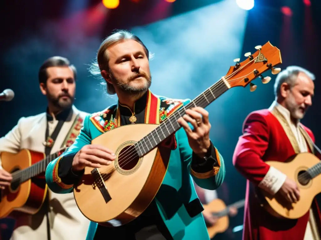 Intensa actuación de músicos con balalaikas en trajes rusos, reflejando la música folclórica mundial