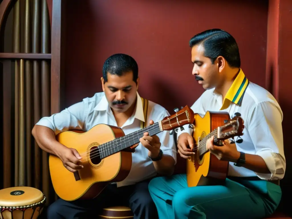 Intensa actuación de músicos con instrumentos latinoamericanos como el cuatro venezolano, guitarra y maracas