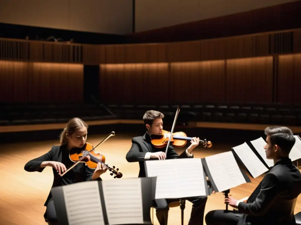 Intensa actuación de músicos jóvenes en un concurso de música de cámara contemporánea en una sala de conciertos tenue