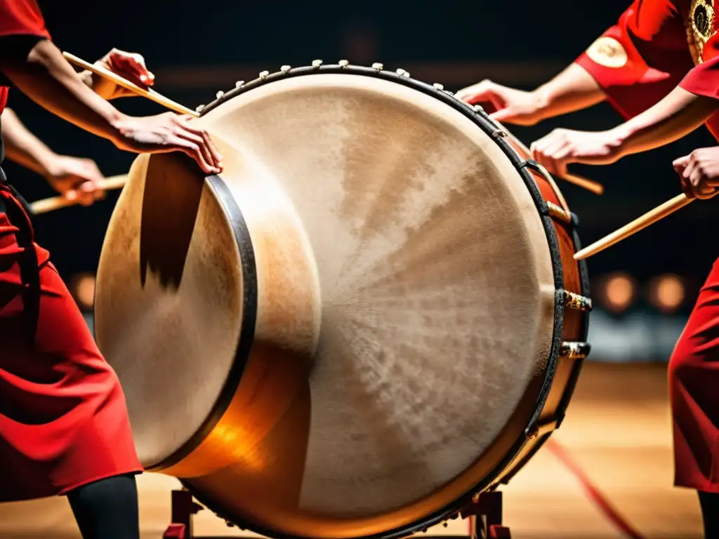 Intensa actuación de tambores taiko japoneses con sonoridad y pasión