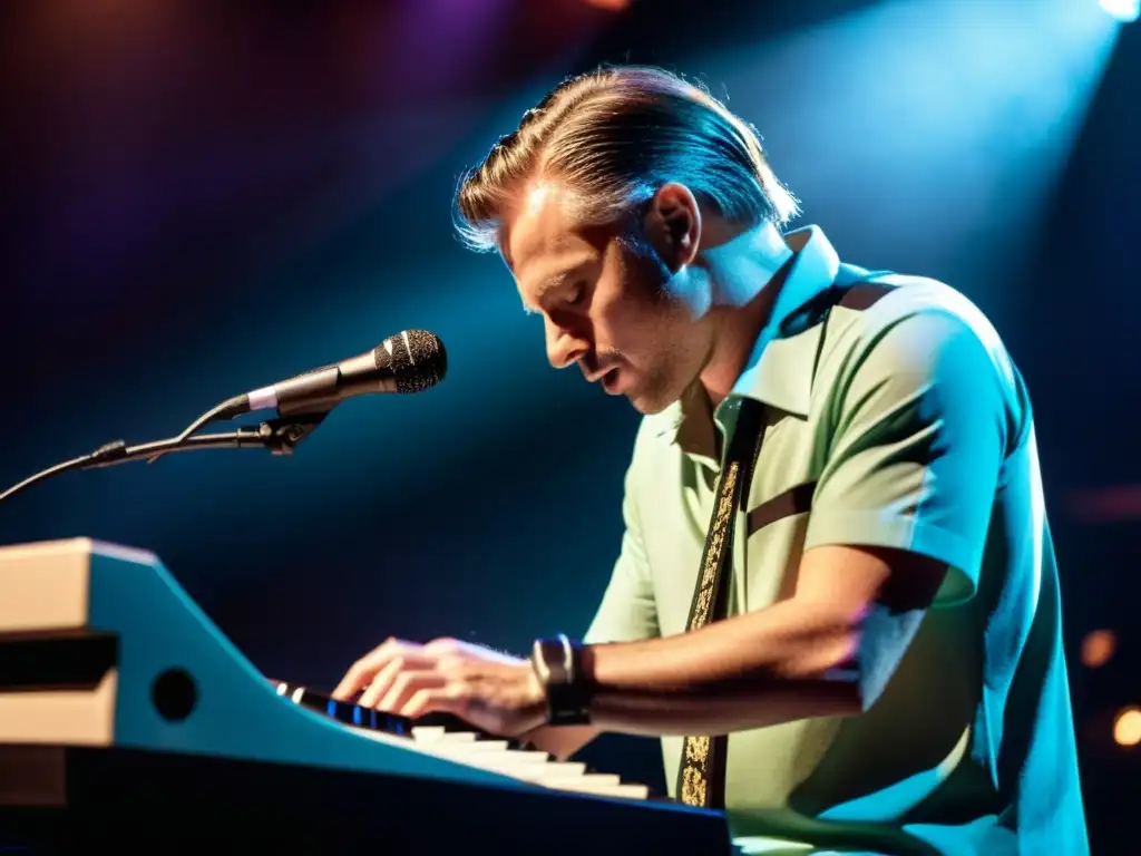 Intensidad y pasión: Músico tocando la melódica en concierto Intensa actuación en vivo de un músico tocando la melódica, destacando el uso de la melodica en música y la pasión del intérprete