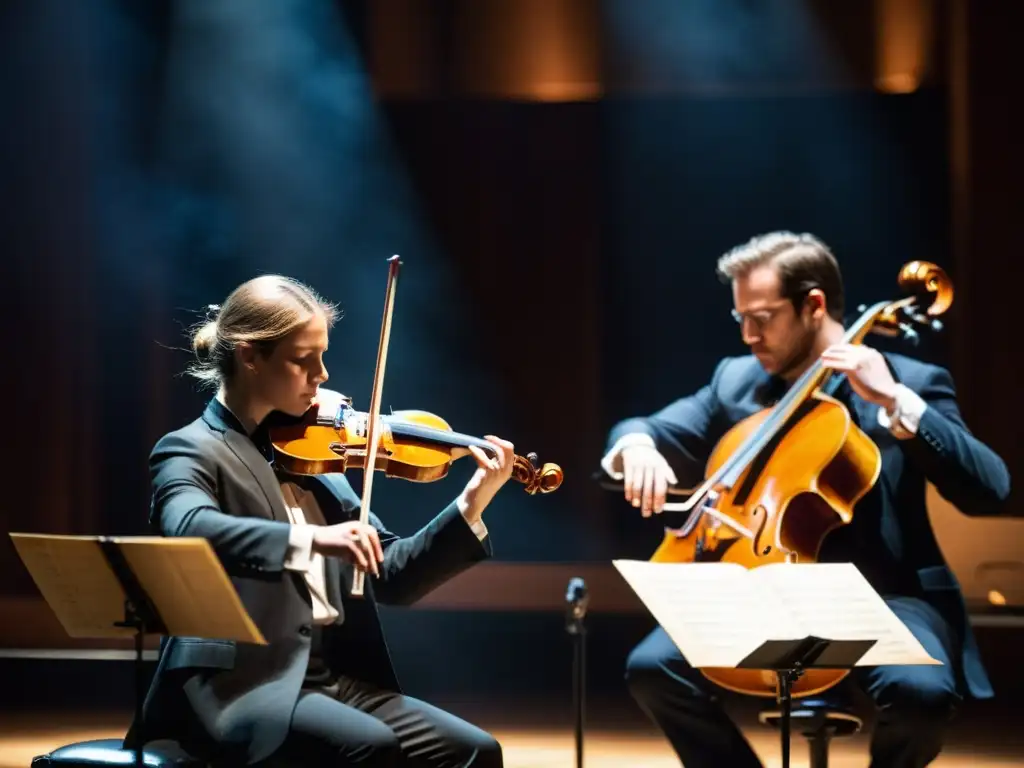 Intensa interpretación de música de cámara por apasionados músicos en un escenario tenue