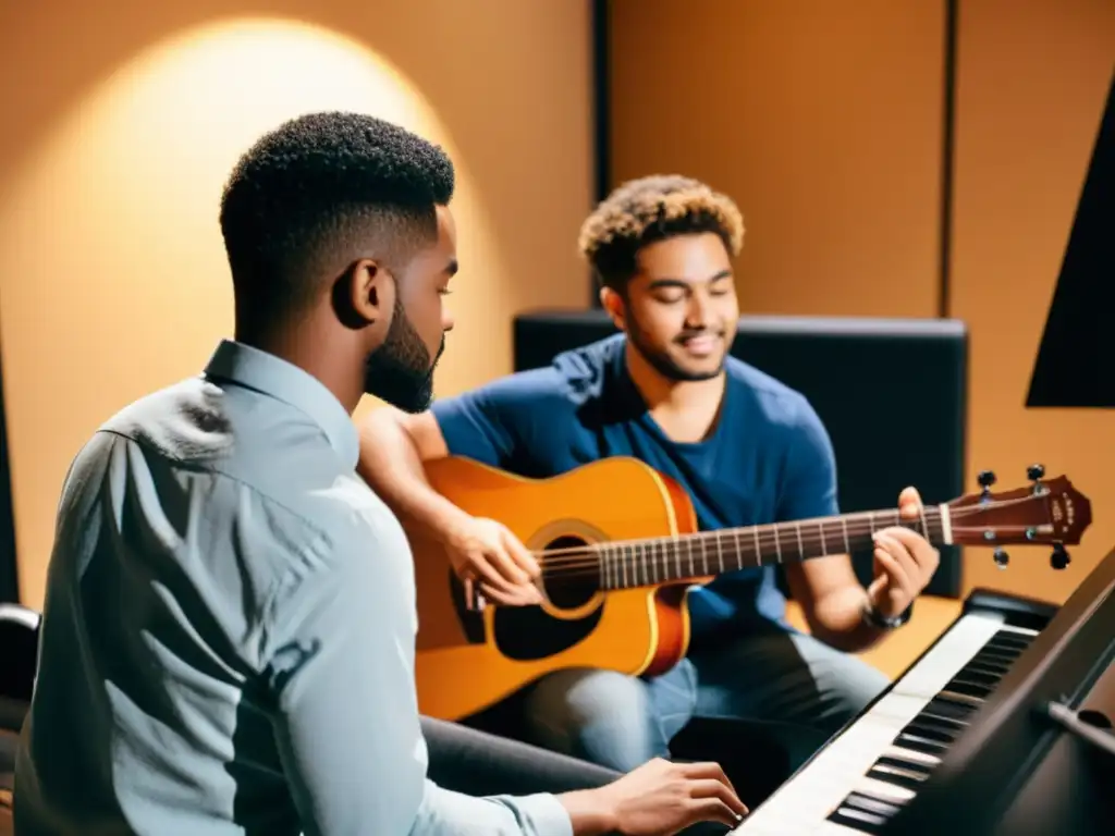 Intensa enseñanza online de instrumentos musicales con instructor y estudiante concentrados en una lección de música