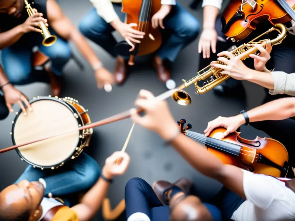 Intensa improvisación musical en círculo, con músicos entregados a sus instrumentos