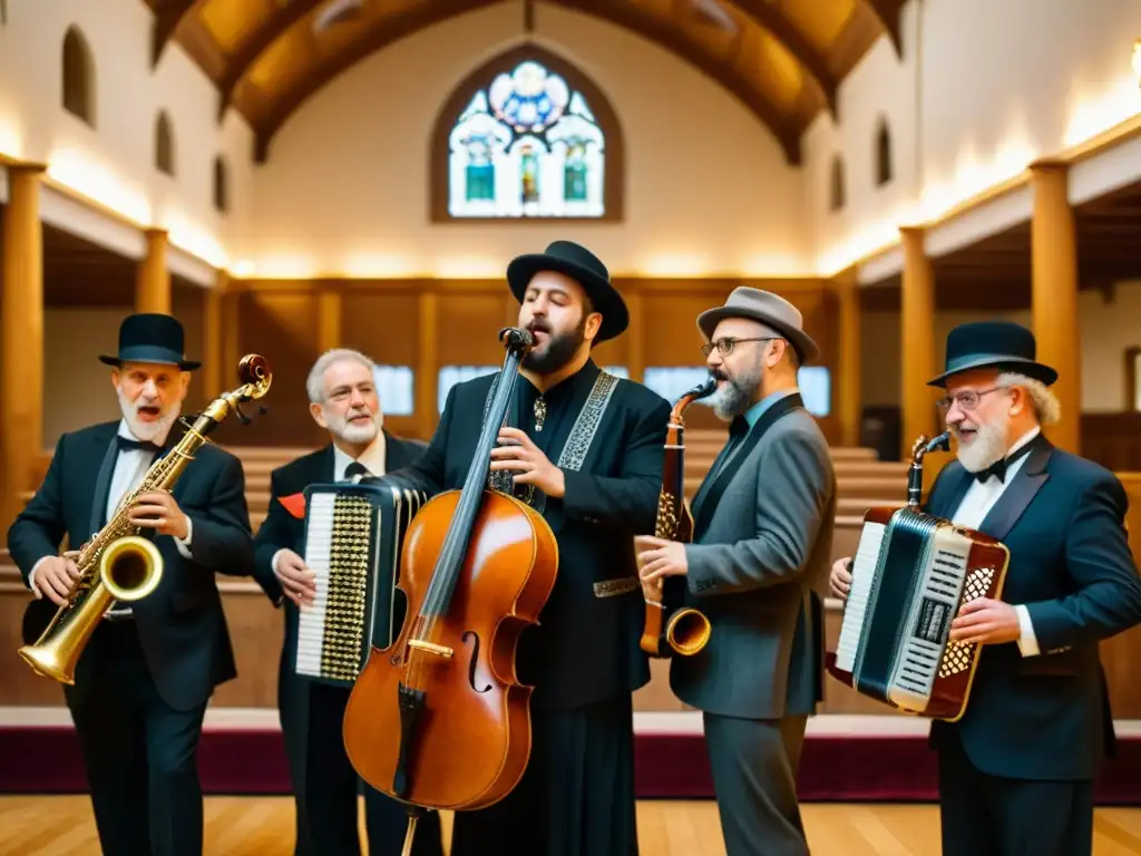 Una intensa interpretación musical en una sinagoga, destacando la pasión de los músicos y la rica atmósfera