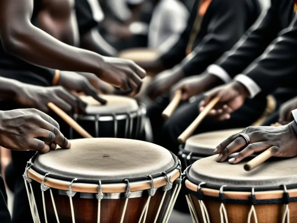 Intensa interpretación de tambores de candombe uruguayo en Montevideo, con detalle de técnicas y emoción de los músicos