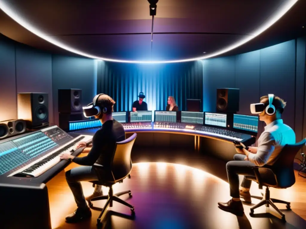 Intensa grabación de música en realidad virtual en estudio profesional, músicos y productores inmersos en experiencia innovadora y envolvente con VR headsets