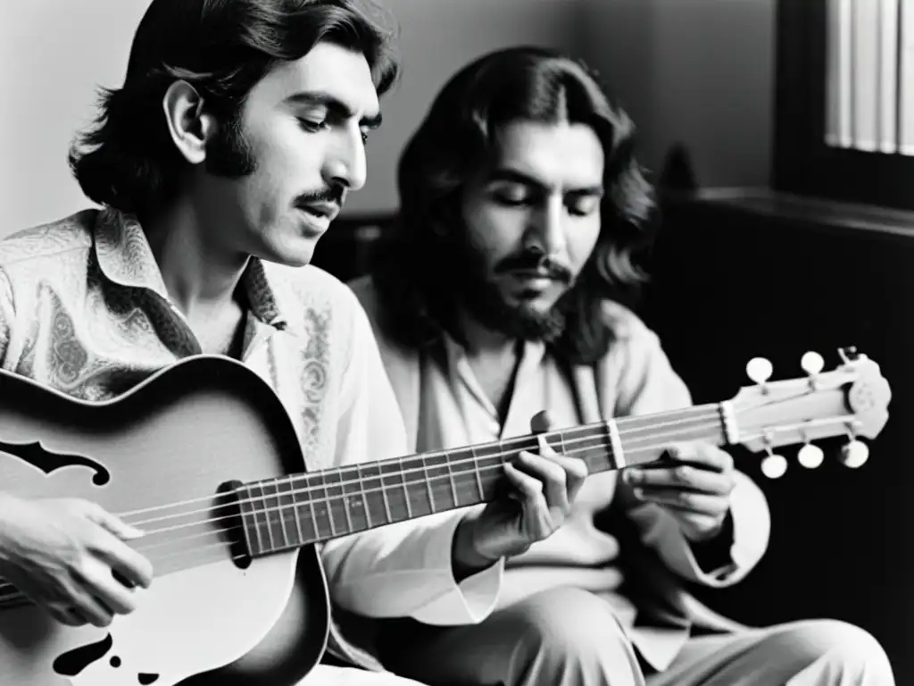 George Harrison y Ravi Shankar tocando el sitar con intensa concentración en una sesión de grabación en los 60