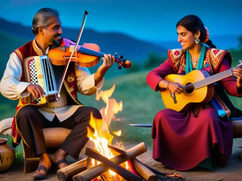 Intenso ambiente gitano alrededor de la fogata, con músicos romani tocando instrumentos tradicionales como el violín, acordeón y guitarra