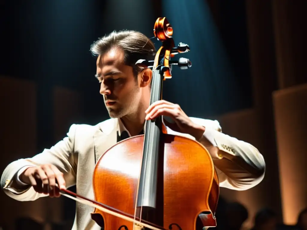 Un intenso cellista en el escenario, iluminado por un foco, muestra la pasión y destreza en su interpretación