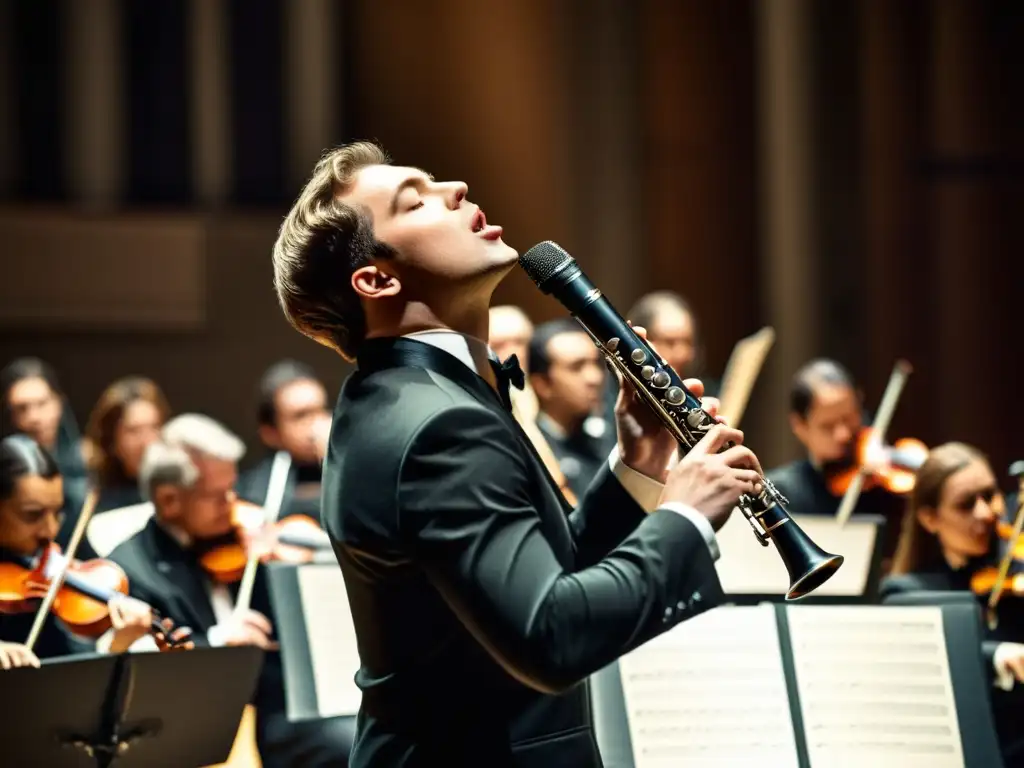 Un intenso concierto de clarinete con la importancia histórica del clarinete en música clásica, el músico destaca en medio de la orquesta sinfónica