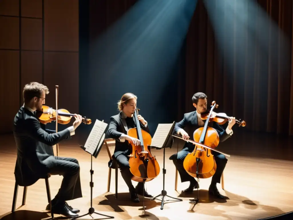 Intenso concierto de cuarteto de cuerdas en íntima sala, destacando la importancia técnica de los instrumentos y la música de cámara