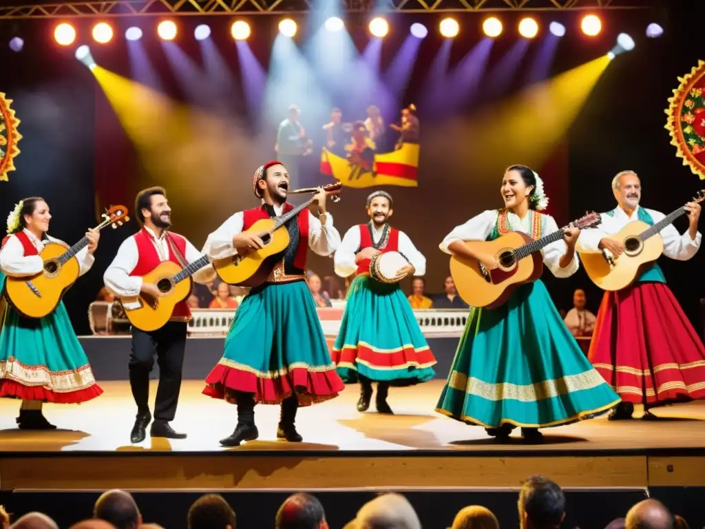 Intenso concierto de dulzainas en el teatro tradicional español, con músicos y público entregados a la vibrante música