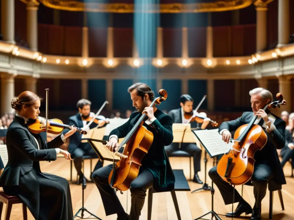 Intenso concierto de música romántica con instrumentos de cuerda en un elegante teatro del siglo XIX