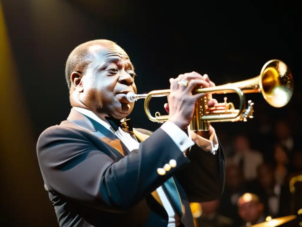 Louis Armstrong toca su icónica trompeta en un intenso concierto de jazz