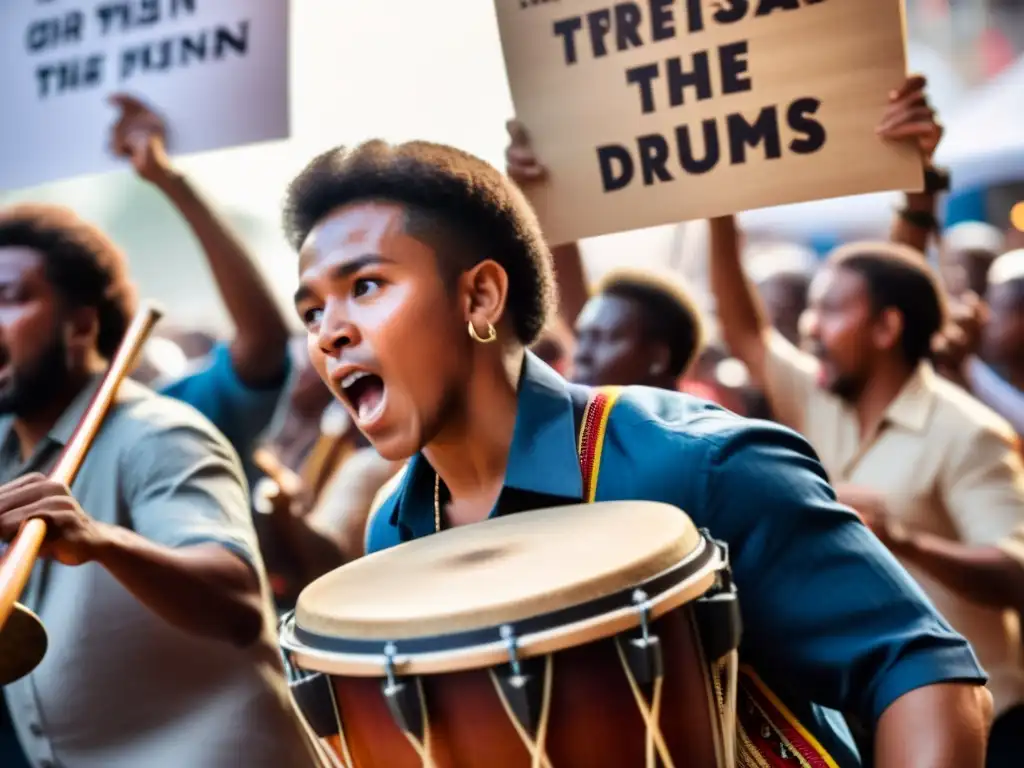 Intenso concierto de músicos con instrumentos musicales de protesta cultural, expresando pasión y energía en un ambiente dramático y urgente